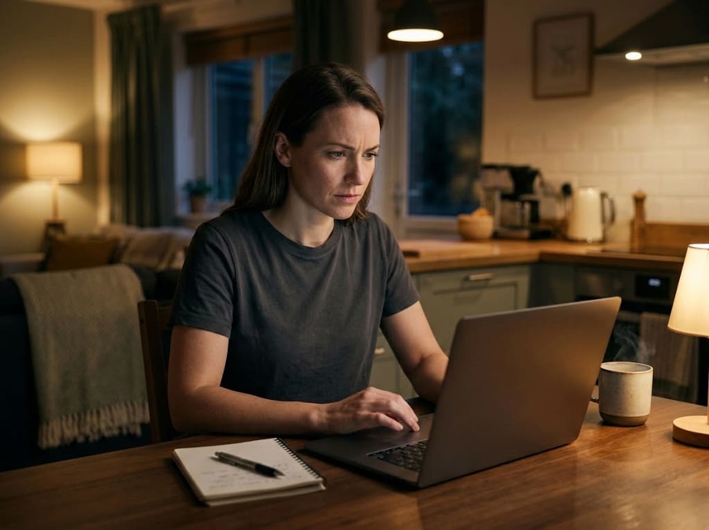 A woman working on her laptop at night