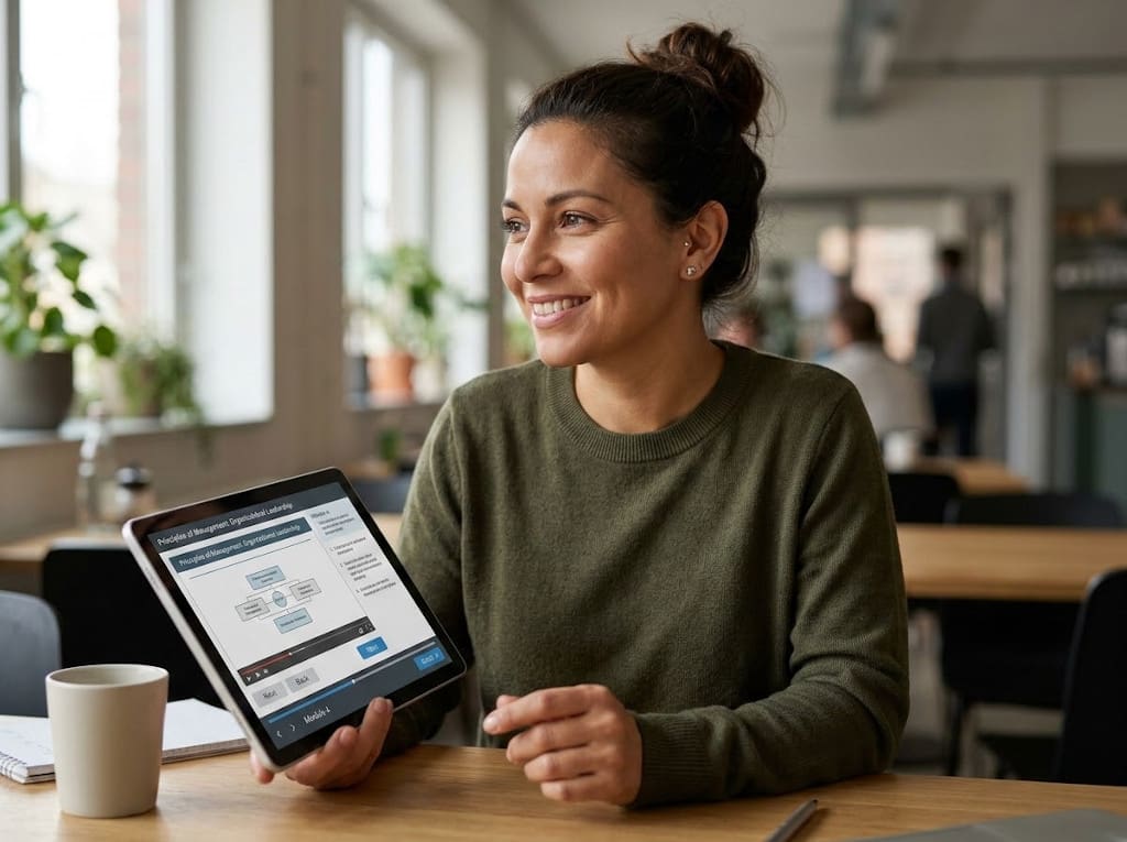 Woman smiling with a tablet